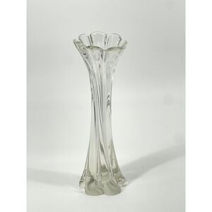 Vintage Clear Glass Swung Stretch Twist Vase Ruffle Top 11.5” Mid Century MCM
